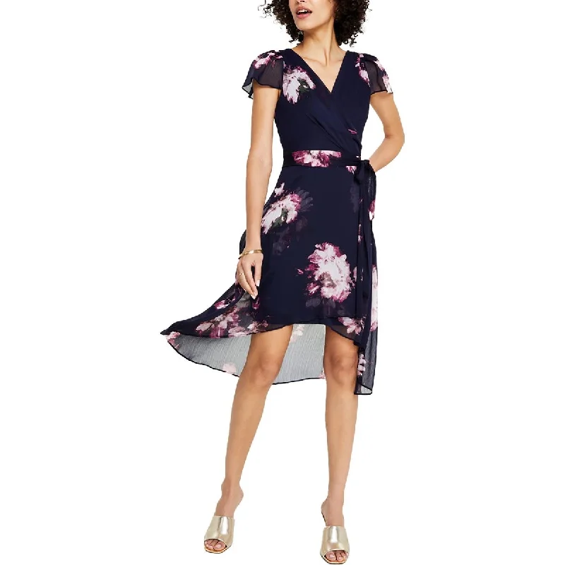 DKNY Womens Floral Print Faux Wrap Midi Dress