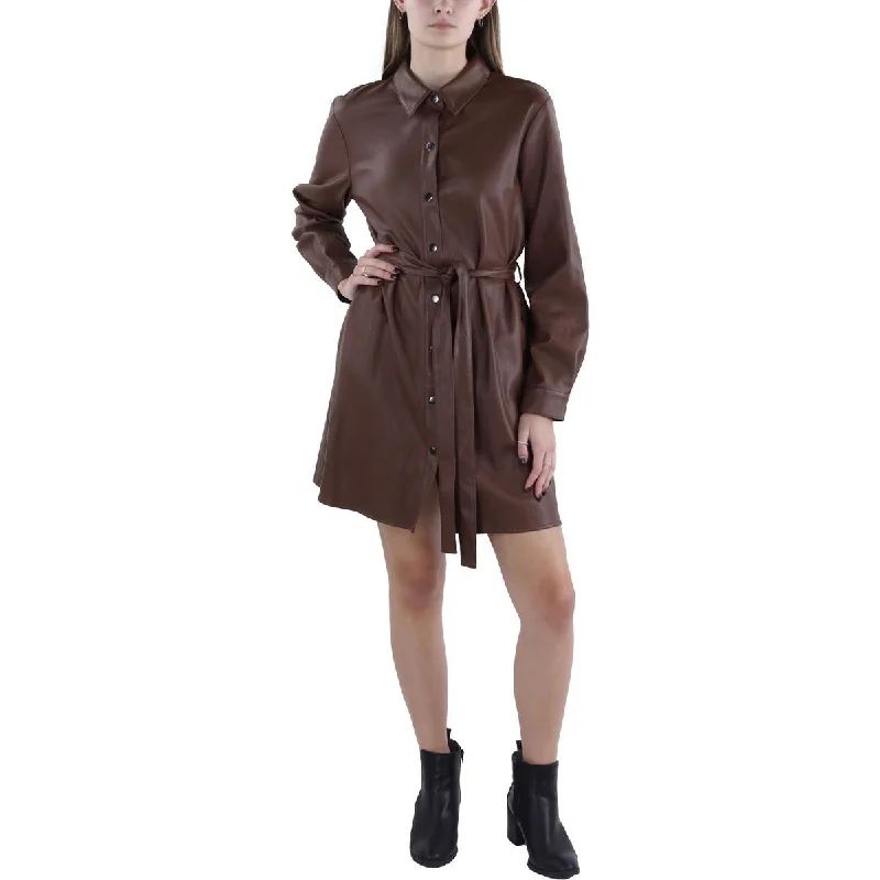 12 Thompson Womens Faux Leather Collared Shirtdress