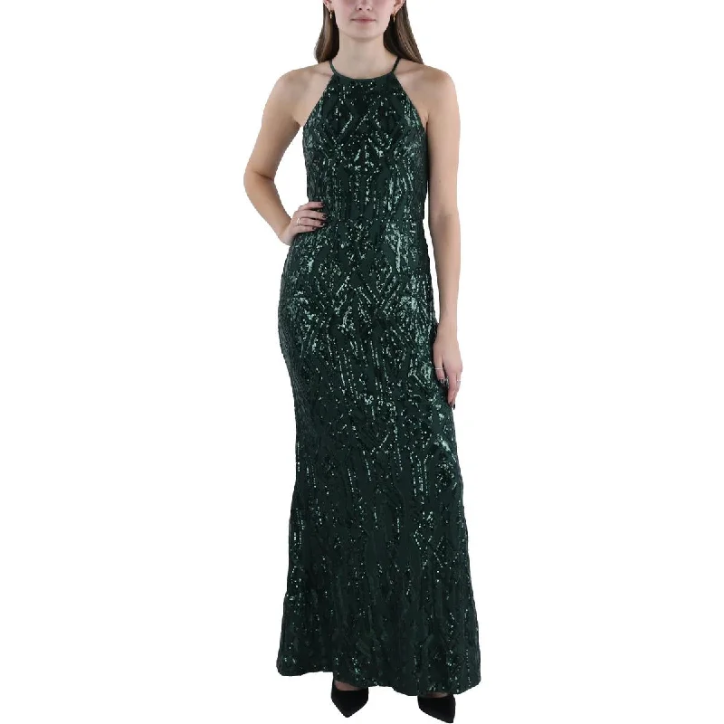 Vince Camuto Womens Sequin Halter Evening Dress