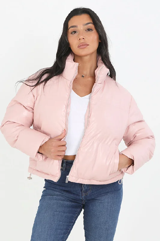 PINK MATTE FAUX LEATHER HIGH NECK PADDED JACKET