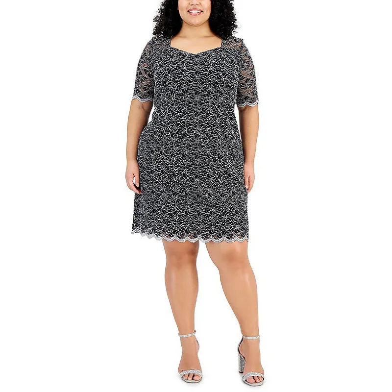 Connected Apparel Womens Plus Lace Sweetheart Neck Shift Dress