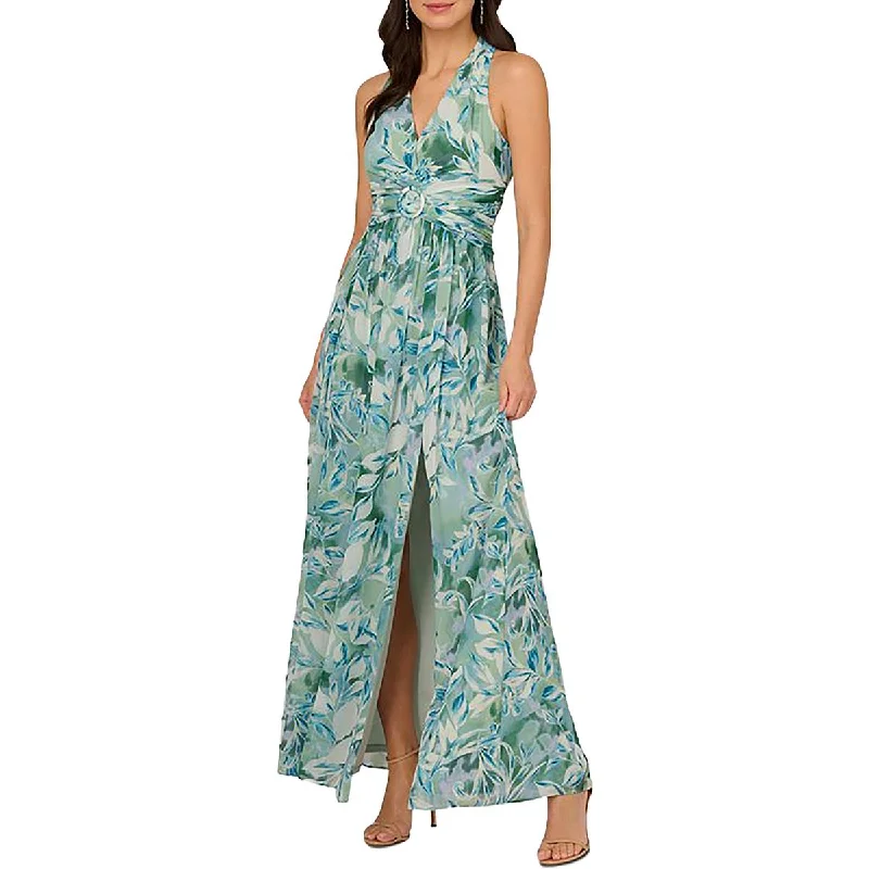 Adrianna Papell Womens Chiffon Leaf Print Evening Dress