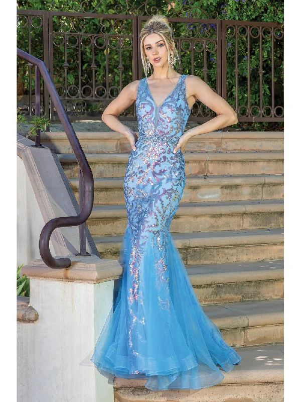 DQ 4213 Size 6 Turquoise Long Fitted Sequin Mermaid Prom Dress Pageant Gown