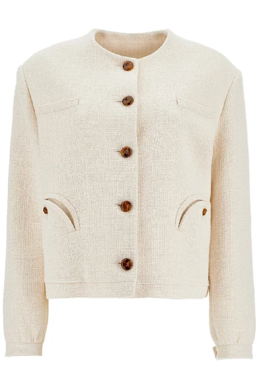 Cropped Cream Cotton Bolero With Buttons And Pockets  - Beige