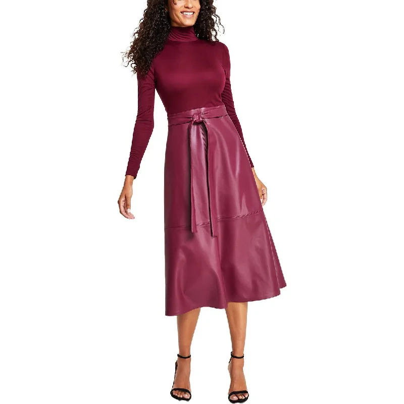 Anne Klein Womens Faux Leather Midi Fit & Flare Dress