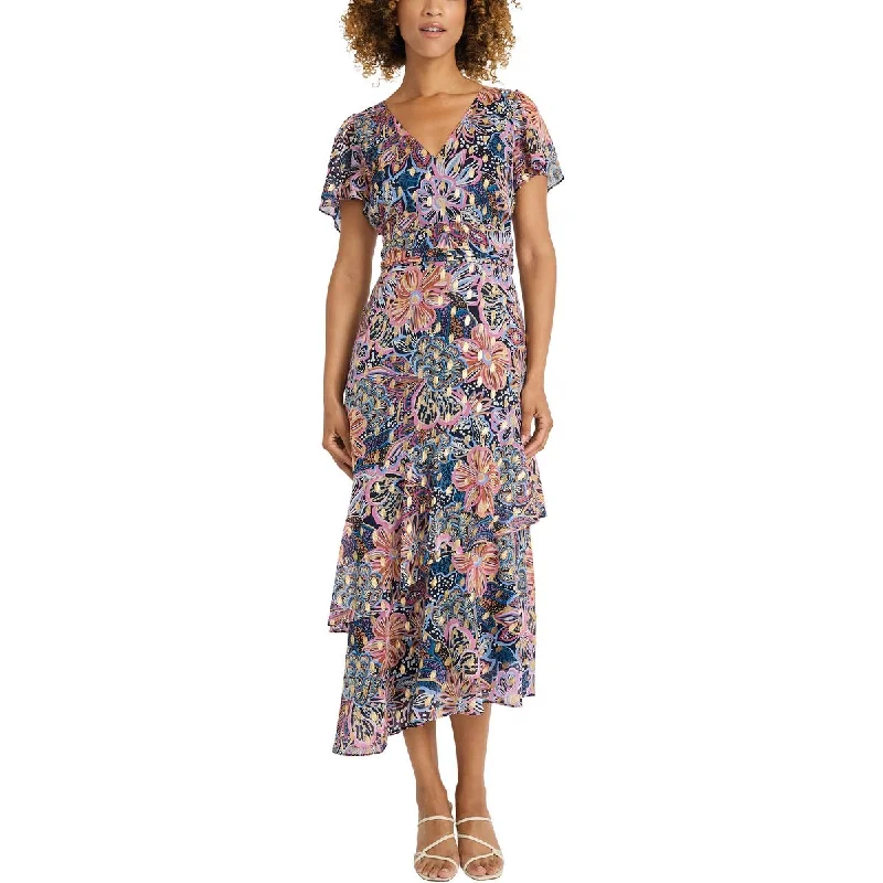 Maggy London Womens Ruffled Floral Print Midi Dress