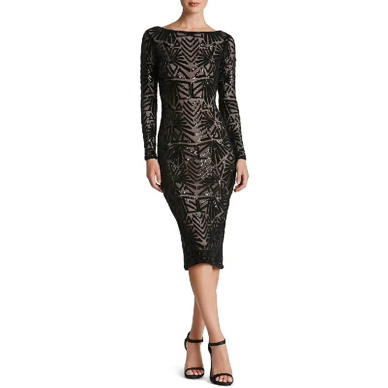 Dress The Population Womens Emery Sequined Illusion Cocktail Dress