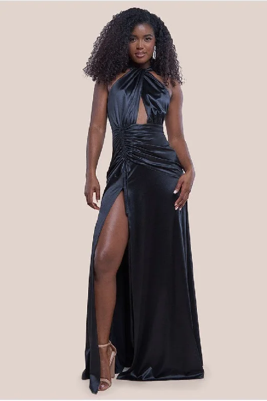 Best Bargains Goddiva Halter Neck Front Split Satin Maxi Dress - Black