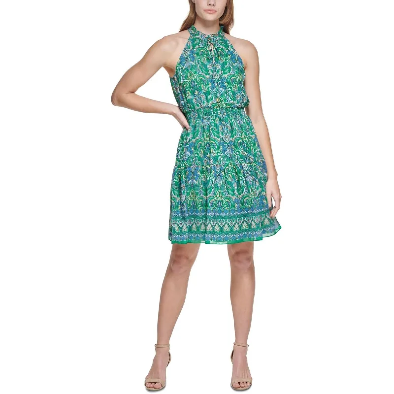 Vince Camuto Womens Smocked Midi Fit & Flare Dress