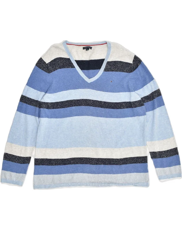 TOMMY HILFIGER Womens V-Neck Jumper Sweater UK 20 2XL Blue Striped