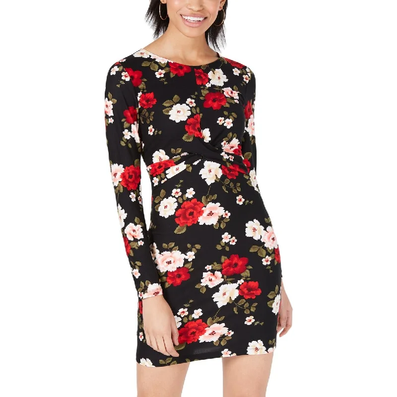 Planet Gold Women's Juniors Floral Print Twist Front Long Sleeve Mini Dress