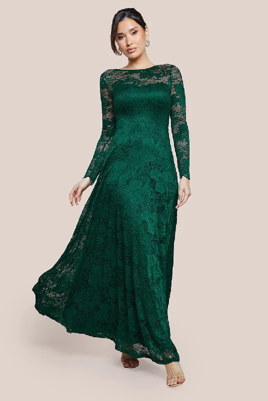 Take Advantage Goddiva Scalloped Lace A-Line Maxi Dress - Emerald Green