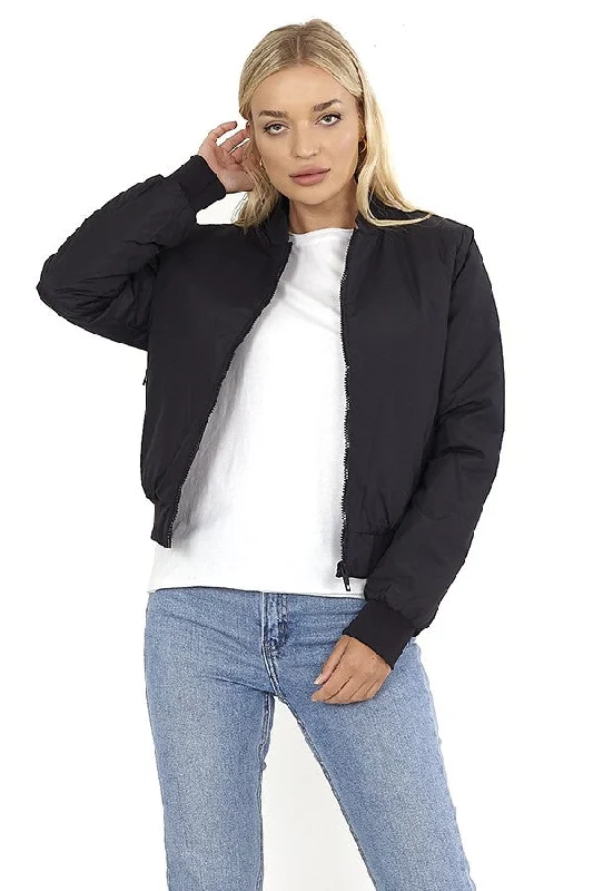 BLACK PADDED RIBBED BOMBER JACKET