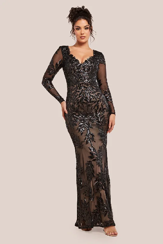 Markdown Madness Goddiva Long Sleeve Sequin Leaf Long Sleeve Maxi Dress - Black