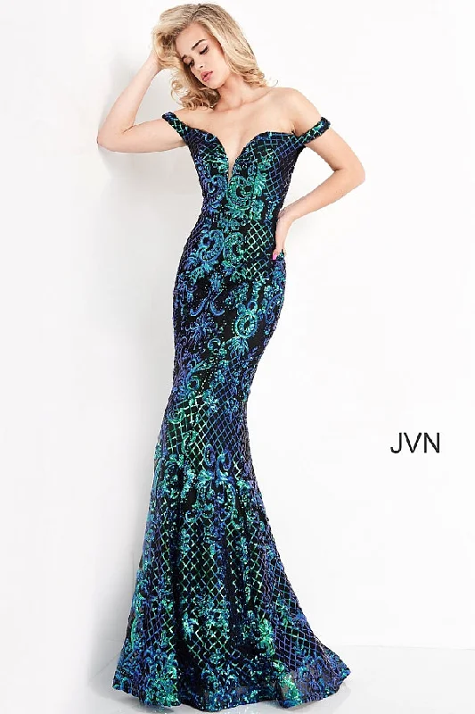 Jovani JVN04515 Black/ Multi Long Fitted Sequin Prom Dress off the shoulder Mermaid Pageant Size 0, 14