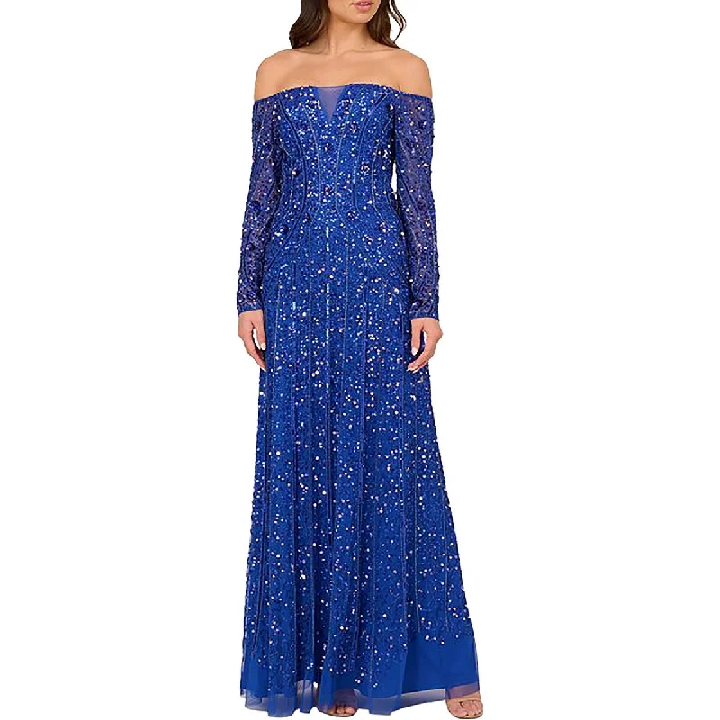 Adrianna Papell Womens Full Length Off-The-Shoulder Evening Dress