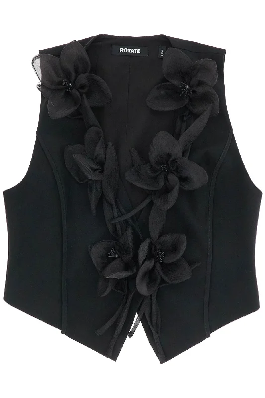 Black Vest In Recycled Fabric With Flowers Without Sleeves  - Black