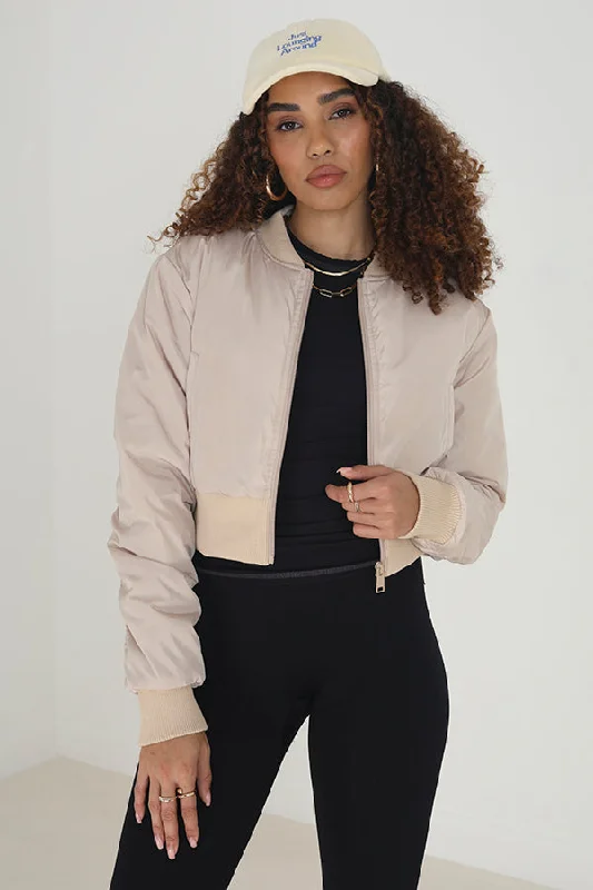 STONE ZIP THROUGH CROPPED BOMBER STYLE JACKET