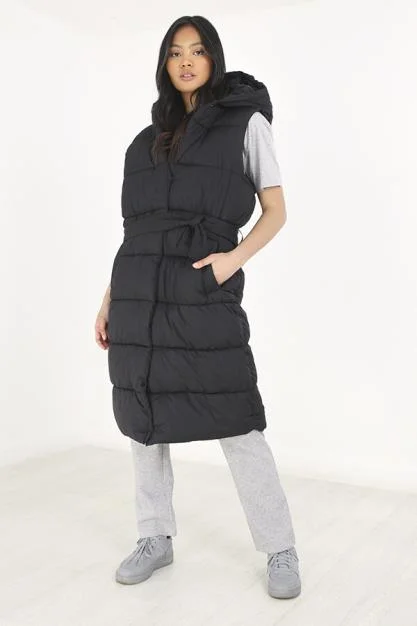 MAXI LENGTH BELTED FIXED HOOD PADDED PUFFER GILET