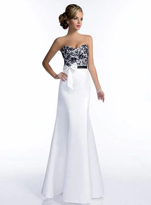 Adagio Bridesmaids BM142 Size 8, 16 White Black Fit & Flare Formal Dress Lace Bodice Bow