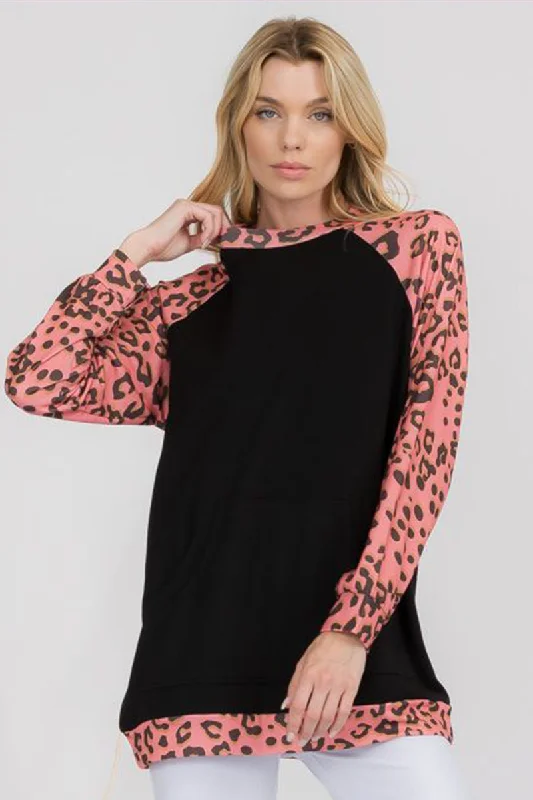 Blushing Leopard Print Long Sleeve Crewneck Top