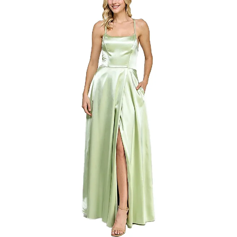 Speechless Womens Juniors Satin Lace-Up Evening Dress