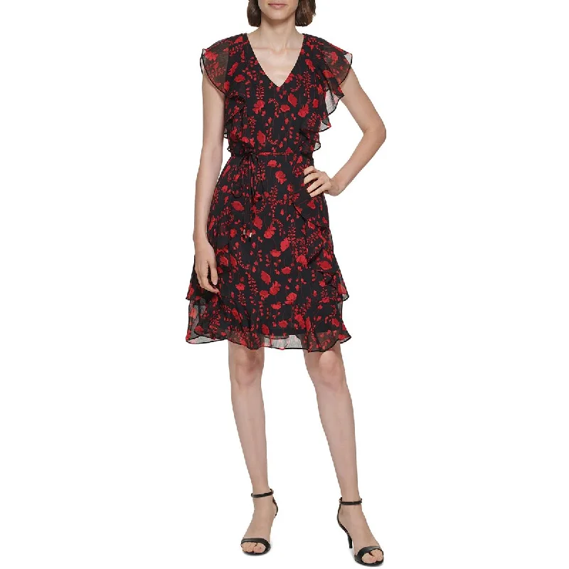 Tommy Hilfiger Womens Petites Chiffon Floral Fit & Flare Dress