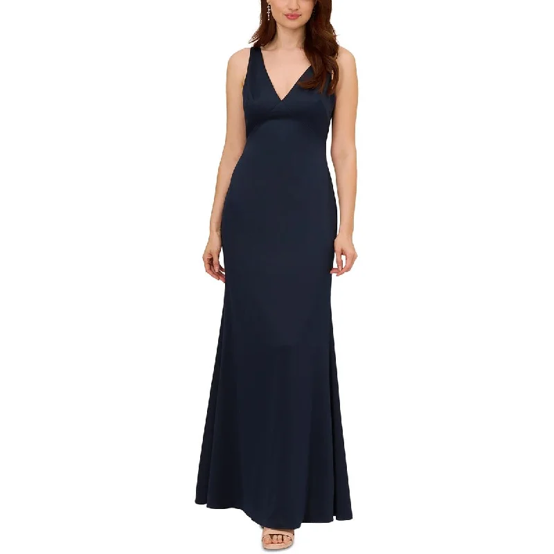 Adrianna Papell Womens Satin Crepe V-Neck Evening Dress