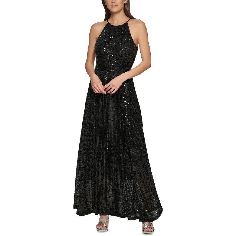 DKNY Womens Sequined Halter Evening Dress