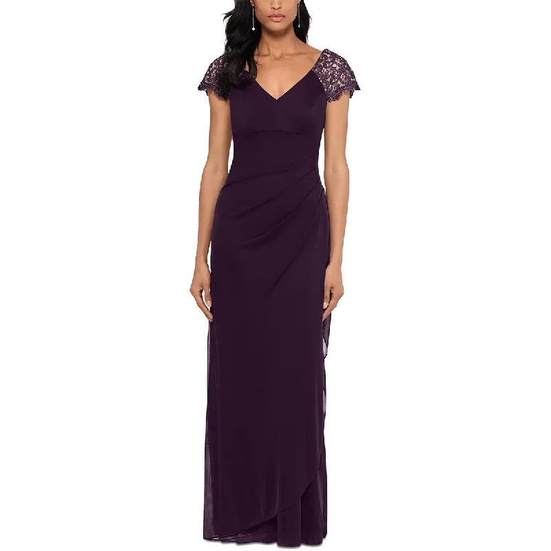 Xscape Womens Petites Lace Shoulder V Neck Maxi Dress