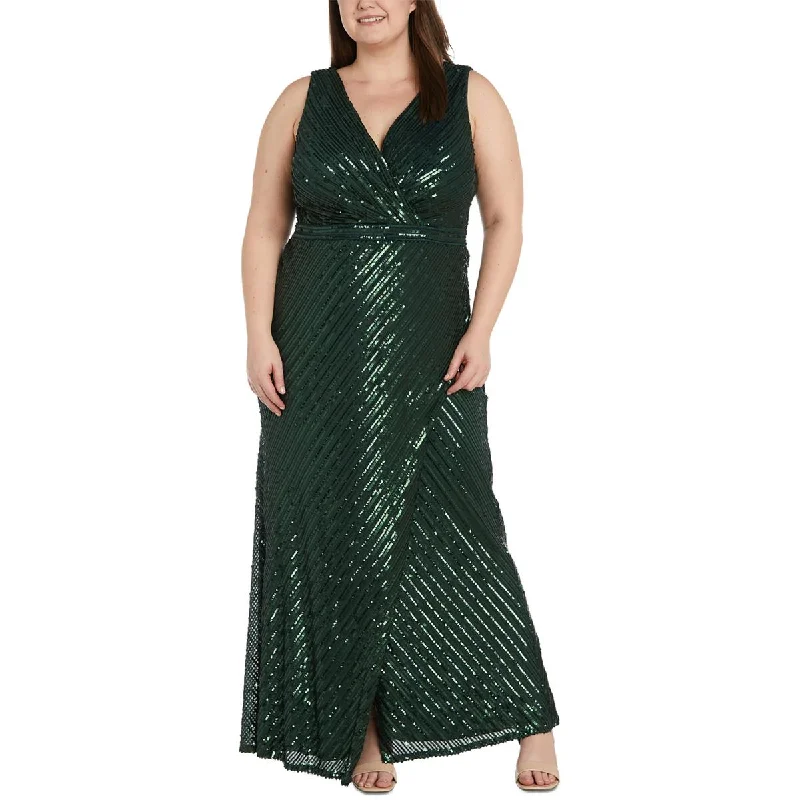 NW Nightway Womens Plus Sequined V-Neck Evening Dress