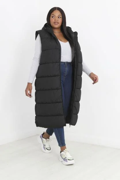 PLUS SIZE BLACK LONGLINE PADDED PUFFER GILET