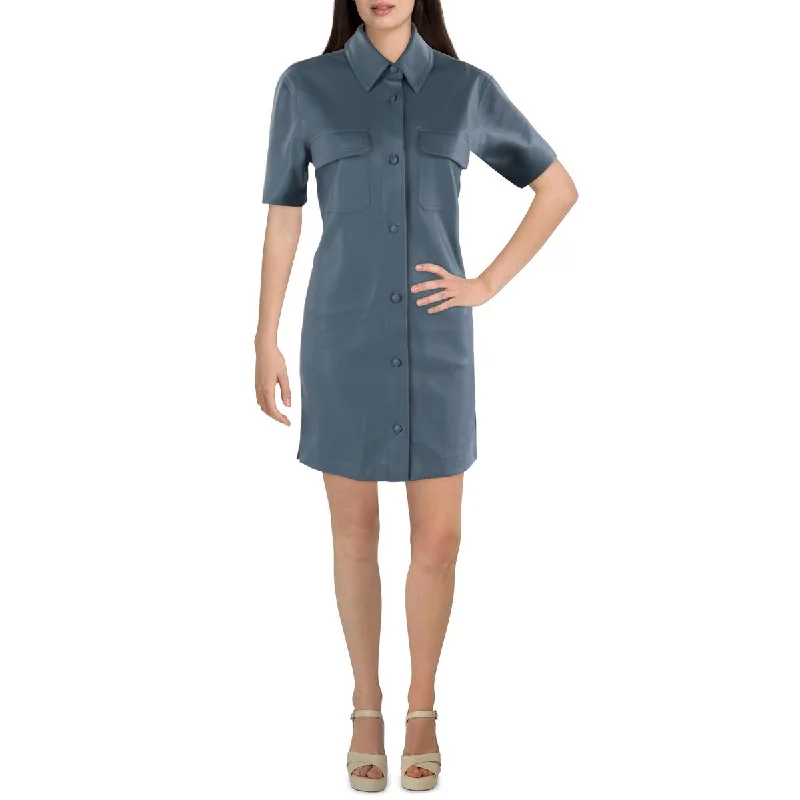 Avec Les Filles Womens Faux Leather Mini Shirtdress