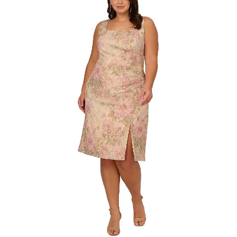 Adrianna Papell Womens Plus Floral Print Midi Sheath Dress