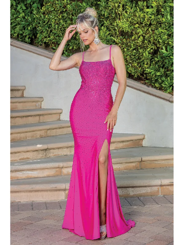 DQ 4242 Size 12, 16 Fuchsia Long Fitted Jersey Crystal Prom Dress Slit Backless Corset Formal Gown