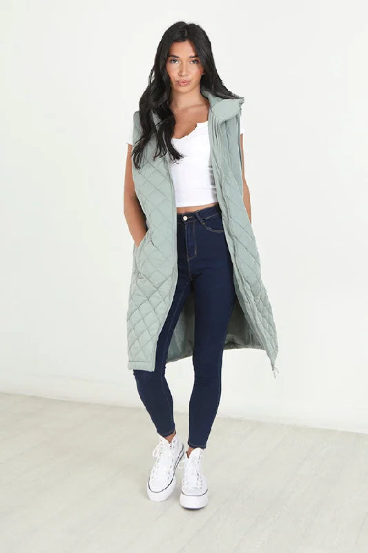 SAGE DIAMOND QUILTED LONGLINE HOODED GILET