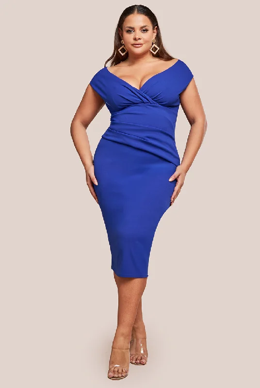 Early Access Goddiva Plus Scuba Bardot Pleated Midi Dress - Royalblue