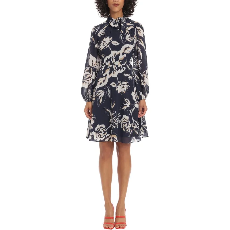 Maggy London Womens Floral Print Tie-eck Fit & Flare Dress