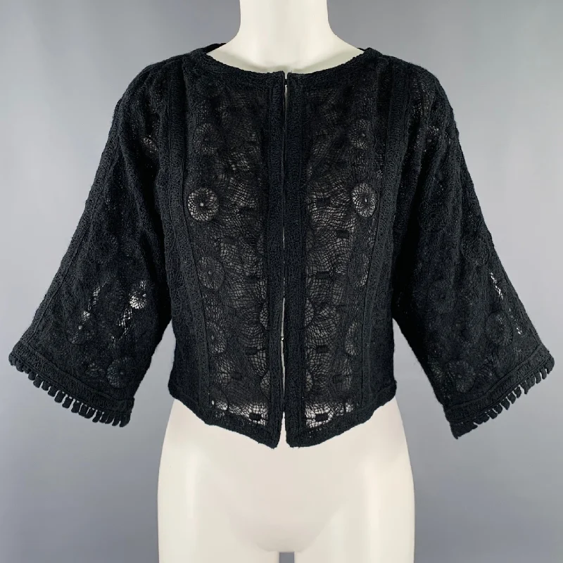 ANDREW GN Size 4 Black Wool Blend Crochet 3/4 Sleeves Jacket