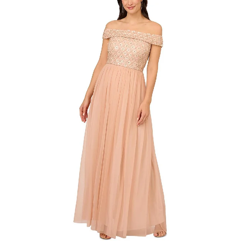 Adrianna Papell Womens Embellished Off-The-Shoulder Evening Dress