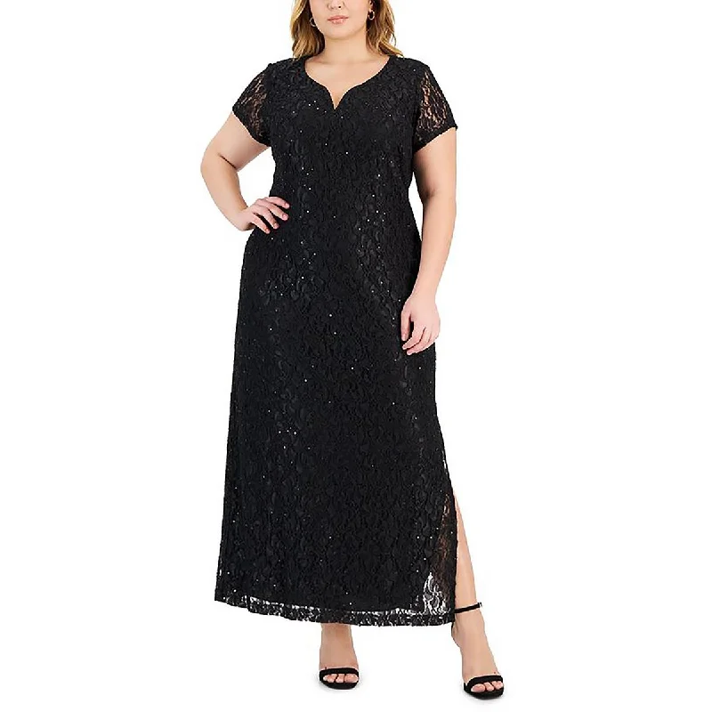 Connected Apparel Womens Plus Lace V-Wire Evening Dress