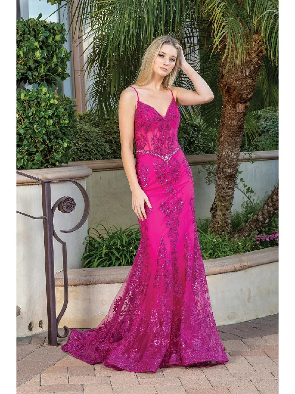 DQ 4118 Size 16 Fuchsia Long Sheer Sequin Mermaid Prom Dress Pageant Gown V Neck Crystal Belt