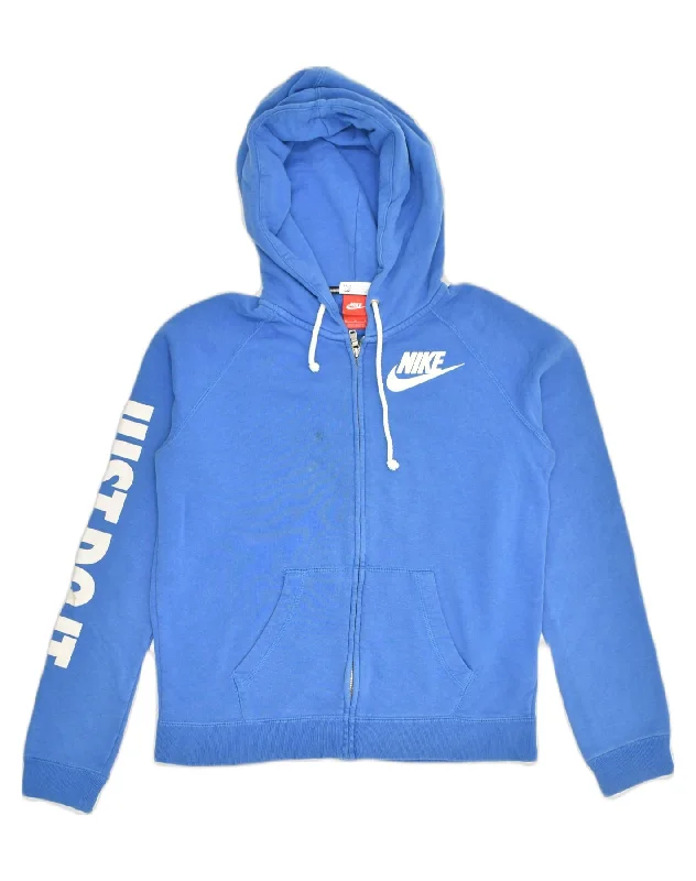 NIKE Womens Graphic Zip Hoodie Sweater UK 14 Medium Blue Cotton