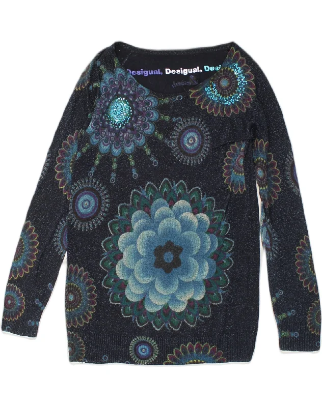 DESIGUAL Womens Boat Neck Jumper Sweater UK 12 Medium Navy Blue Floral