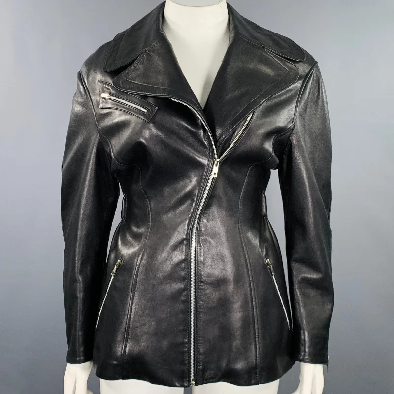 THIERRY MUGLER Size 10 Black Lambskin Leather Zip Up Jacket