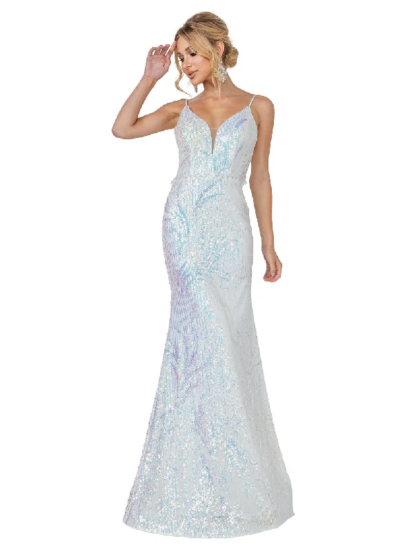 DQ 4158 Size 6 Off White/Multi Long Fitted Sequin Prom Dress Pageant Fringe Back Formal Gown