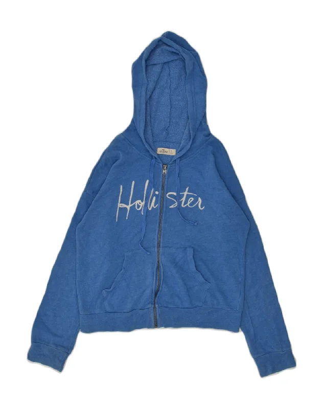 HOLLISTER Womens Graphic Zip Hoodie Sweater UK 8 Small Blue Cotton