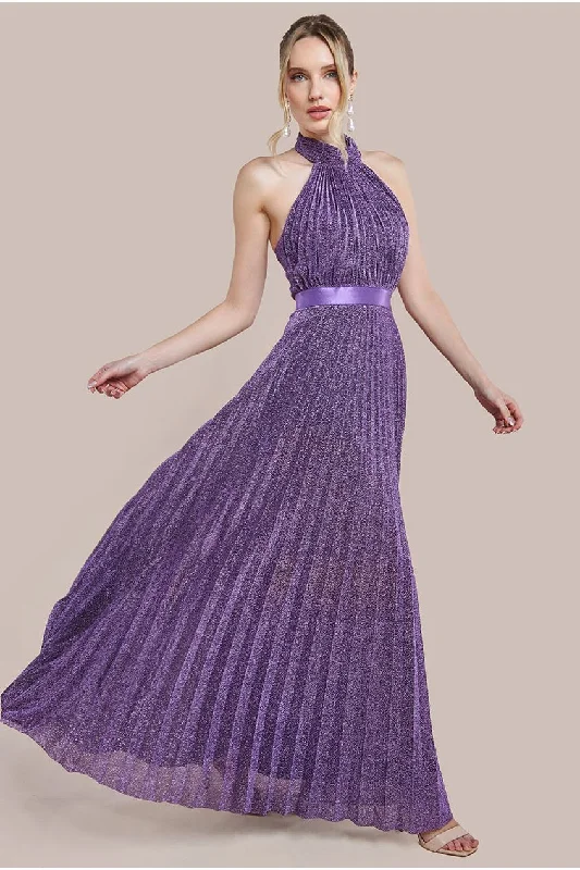 Deal Dash Goddiva Lurex Halterneck Pleated Maxi Dress - Purple