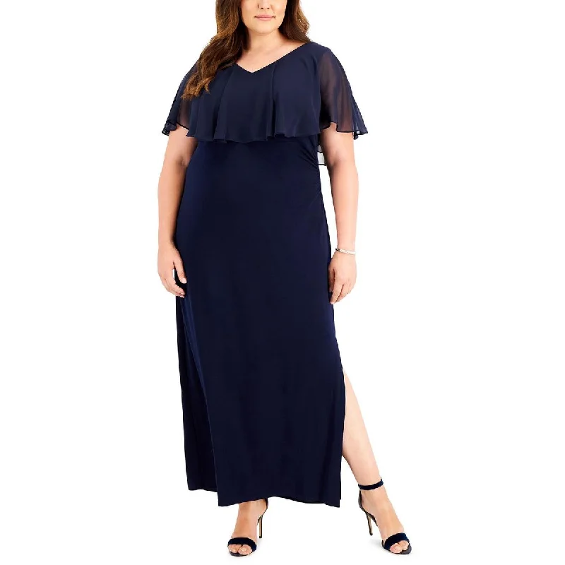 Connected Apparel Womens Plus Chiffon Cape Sleeve Evening Dress