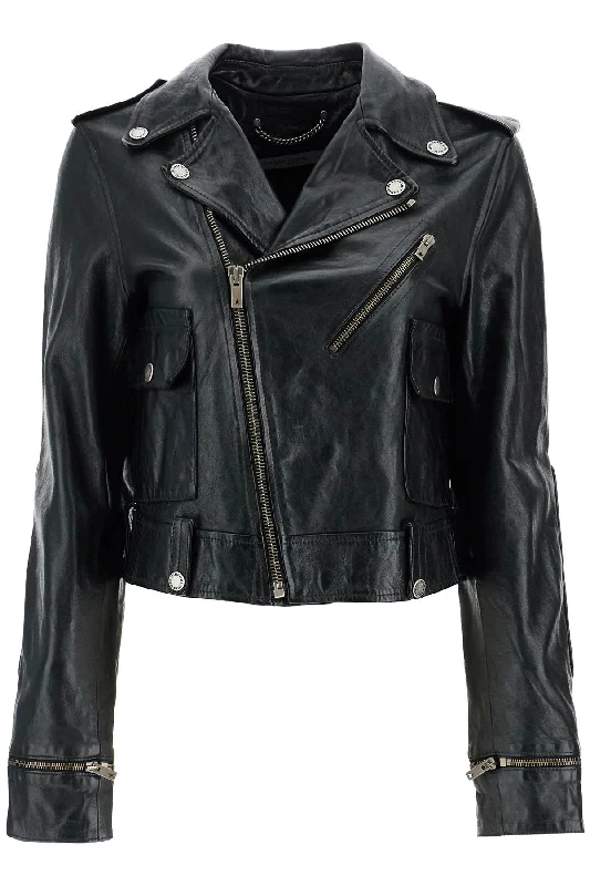 Shiny Black Sheepskin Biker Jacket With Sturdy Zip  - Black